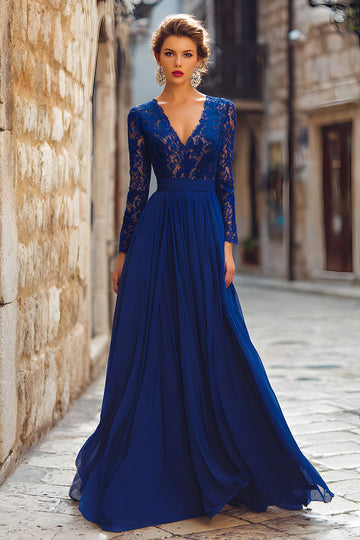Dark Blue A-Line V-Neck Long Sleeve Mother Of The Bride Dress With Lace